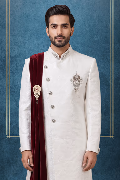 Asymmetrical Self-Embroidered Sherwani with Contrasting Dupatta and Coordinated Pants — view 2 of 3