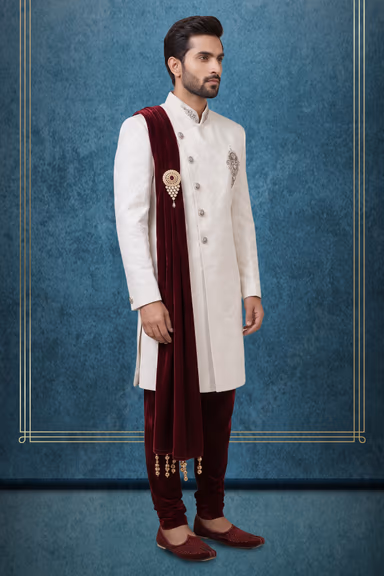 Asymmetrical Self-Embroidered Sherwani with Contrasting Dupatta and Coordinated Pants — view 3 of 3