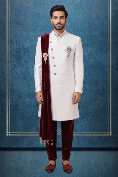 Asymmetrical Self-Embroidered Sherwani with Contrasting Dupatta and Coordinated Pants — view 1 of 3