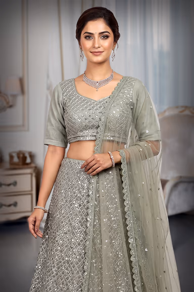Avocado Green Faux Georgette Sequince Worked Lehenga With Same Colour Blouse And Dupatta — view 1 of 3
