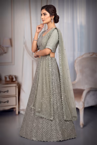 Avocado Green Faux Georgette Sequince Worked Lehenga With Same Colour Blouse And Dupatta — view 3 of 3