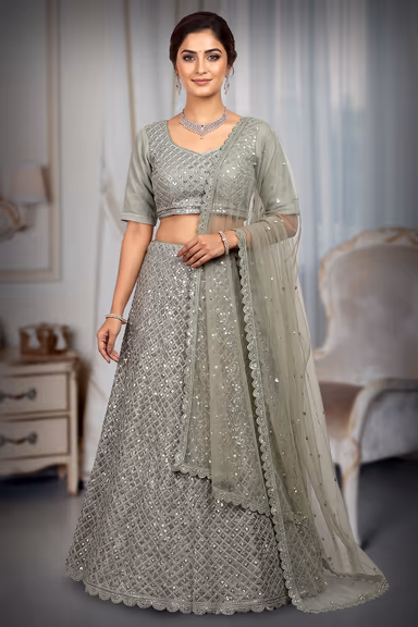 Avocado Green Faux Georgette Sequince Worked Lehenga With Same Colour Blouse And Dupatta — view 2 of 3