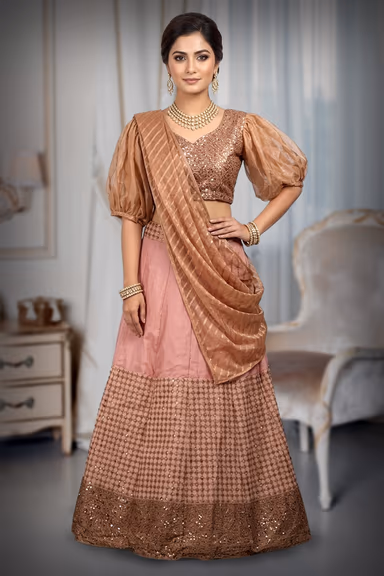 Baby Pink Georgette Lehenga With Threadwork Along With Same Colour Blouse And Glittery Fabric Dupatta — view 2 of 3