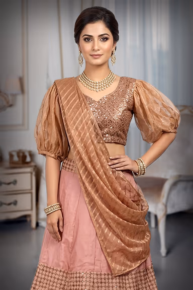 Baby Pink Georgette Lehenga With Threadwork Along With Same Colour Blouse And Glittery Fabric Dupatta — view 1 of 3