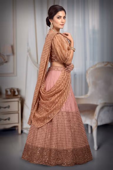 Baby Pink Georgette Lehenga With Threadwork Along With Same Colour Blouse And Glittery Fabric Dupatta — view 3 of 3