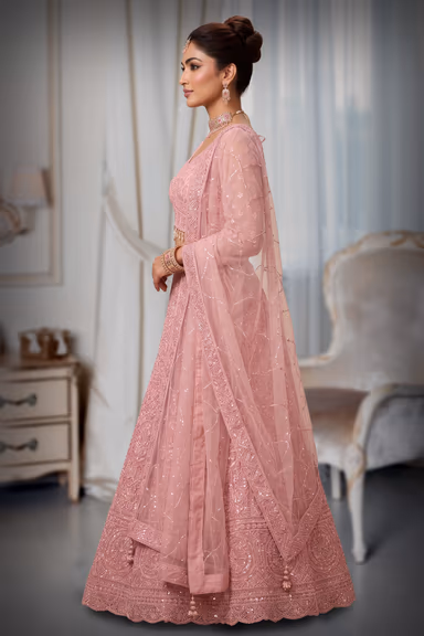 Baby Pink Heavy Chikankari and Sequin Embroidered Lehenga Choli Set — view 3 of 3