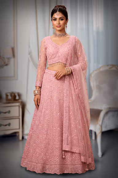 Baby Pink Heavy Chikankari and Sequin Embroidered Lehenga Choli Set — view 2 of 3