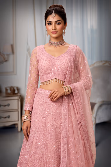 Baby Pink Heavy Chikankari and Sequin Embroidered Lehenga Choli Set — view 1 of 3