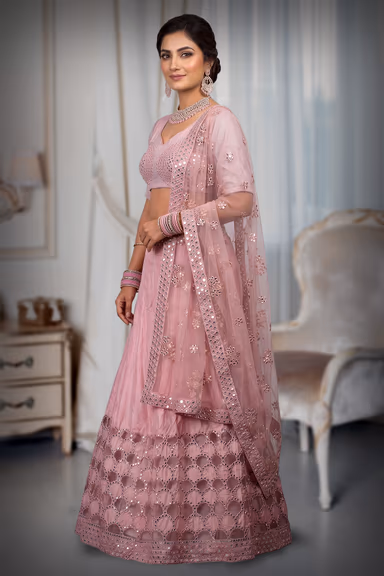 Baby Pink Minimal Lehenga With Heavy Detailed Paper Mirror Work embellished Border In Skirt With Detailed… — view 3 of 3