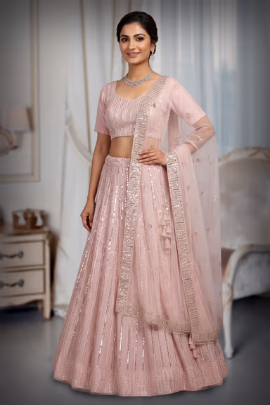 Baby Pink Minimal Lehenga With Heavy embellished Border In Skirt With Detailed Blouse And Dupatta — view 3 of 3