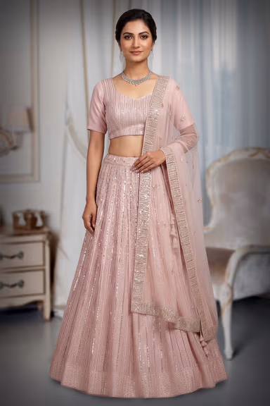Baby Pink Minimal Lehenga With Heavy embellished Border In Skirt With Detailed Blouse And Dupatta — view 2 of 3