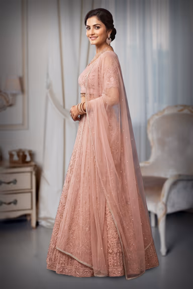 Baby Pink Pre Wedding Lehenga With Embroidery And Stone work Details All Over The Skirt And Crop Top — view 3 of 3