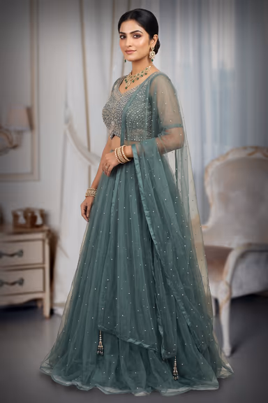 "Beautiful Sage Green Net Lehenga With Pearl Embellishments And Matching Blouse For Modern Wedding… — view 3 of 3