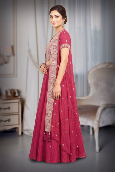 Beetroot Pink Embroidered Choli and Flared Skirt Set with Long Embroidered Cape Jacket — view 3 of 3