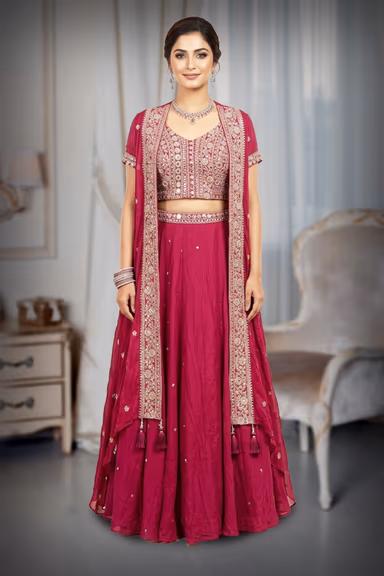 Beetroot Pink Embroidered Choli and Flared Skirt Set with Long Embroidered Cape Jacket — view 2 of 3
