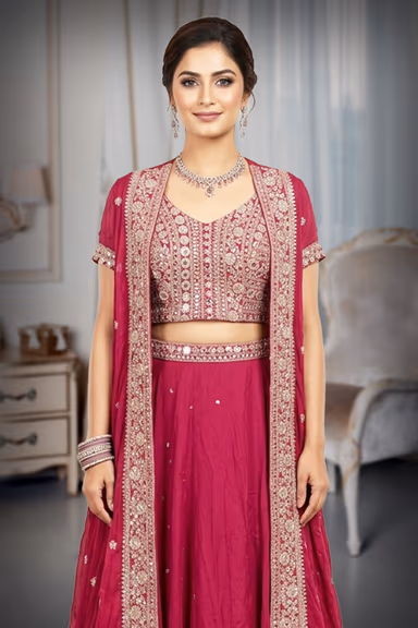 Beetroot Pink Embroidered Choli and Flared Skirt Set with Long Embroidered Cape Jacket — view 1 of 3
