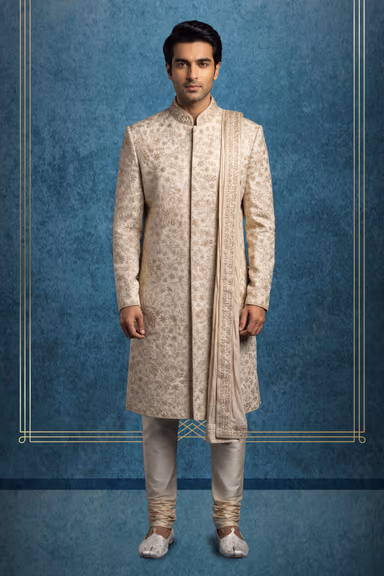 Beige Floral Embroidered Sherwani — view 1 of 3