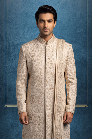 Beige Floral Embroidered Sherwani — view 2 of 3