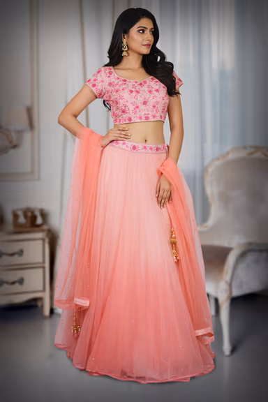 Baby Pink And Coral Peach Light Embroidered Lehenga Choli Set — view 3 of 3