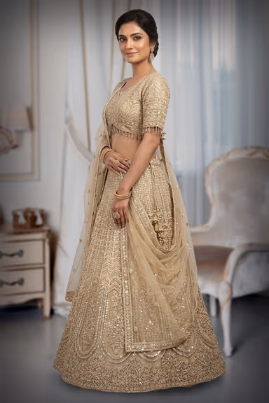 Off White Crop Top Lehenga With Beads Work Embellishments — view 3 of 3
