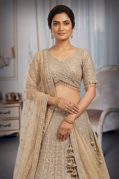 Off White Crop Top Lehenga With Beads Work Embellishments — view 1 of 3