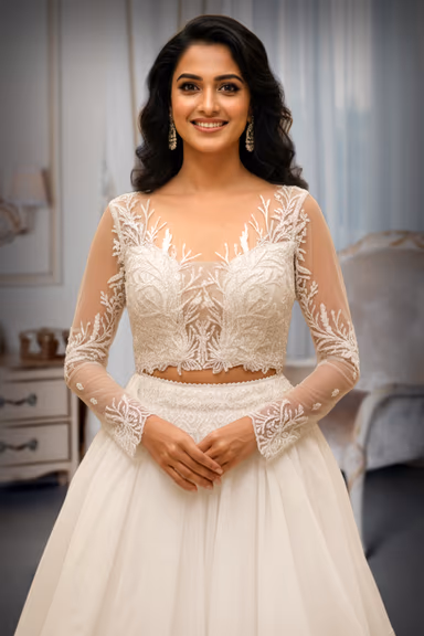Off White Organza Tiered Ruffle Lehenga with Sheer Embroidered Blouse — view 1 of 2