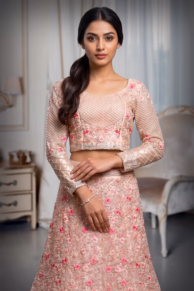 Pastel Peach Bridal Lehenga With Floral Detailed Embroidery Work And Stone Work — view 1 of 3