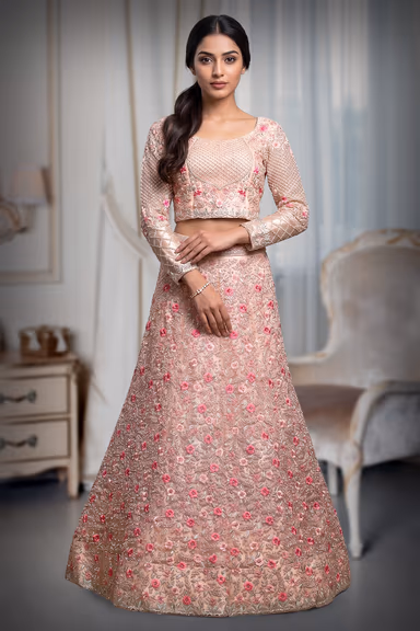 Pastel Peach Bridal Lehenga With Floral Detailed Embroidery Work And Stone Work — view 2 of 3
