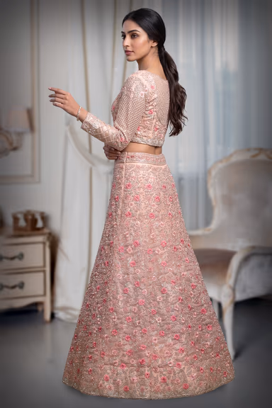 Pastel Peach Bridal Lehenga With Floral Detailed Embroidery Work And Stone Work — view 3 of 3