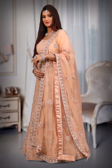 Peach silver thread & jarakan stone work lehenga — view 3 of 5