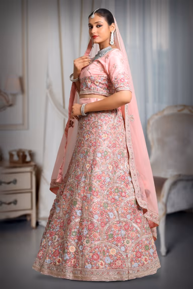 Pink multi color embroidery work lehenga — view 4 of 5