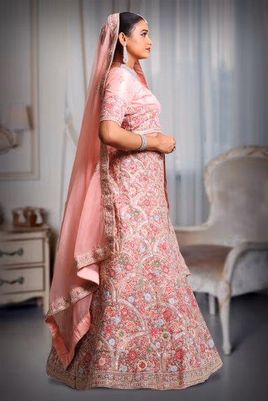 Pink multi color embroidery work lehenga — view 3 of 5