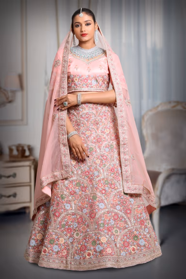 Pink multi color embroidery work lehenga — view 2 of 5