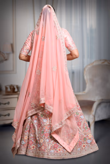 Pink multi color embroidery work lehenga — view 5 of 5