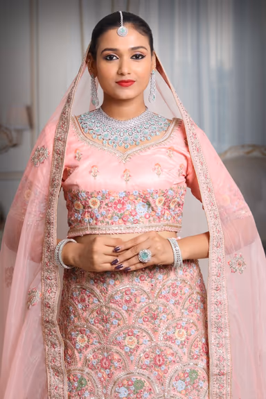 Pink multi color embroidery work lehenga — view 1 of 5
