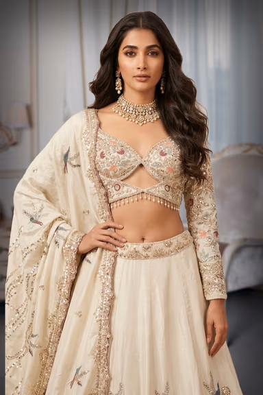 Sophisticated Cream Ivory Lehenga Set With Delicate Bird And Tree Embroidery And Shimmering Sequin Accents — view 1 of 2