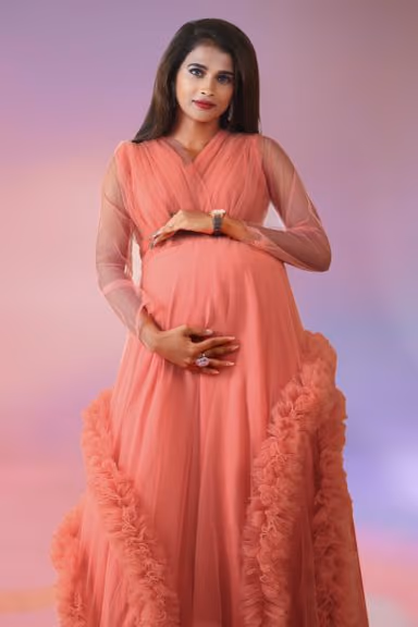 Peach tulle robe ruffled gown — view 1 of 6