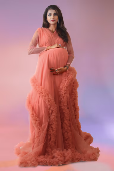 Peach tulle robe ruffled gown — view 2 of 6