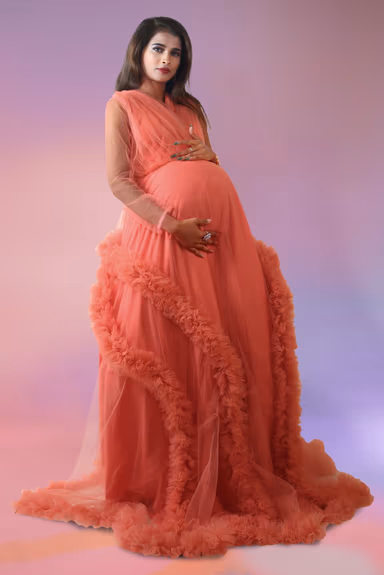 Peach tulle robe ruffled gown — view 5 of 6
