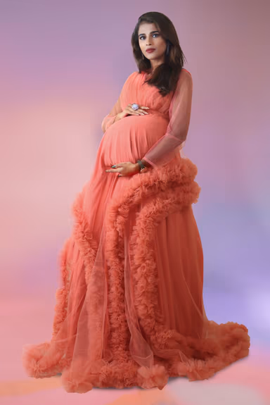 Peach tulle robe ruffled gown — view 4 of 6