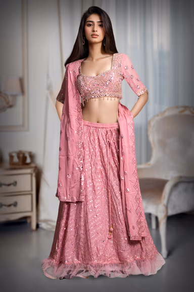 Dark Peach Georgette  Heavy Worked Lehenga With Same Colour Blouse and Dupatta — view 2 of 3