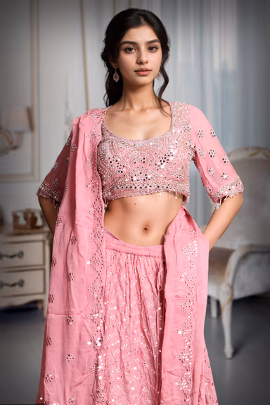 Dark Peach Georgette  Heavy Worked Lehenga With Same Colour Blouse and Dupatta — view 1 of 3