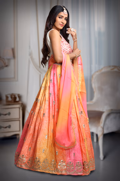 Multicoloured Pink and Yellow Vibrant Ombre  Dyed Lehenga Skirt And Dupatta With Heavy Mirrir work Detailed… — view 4 of 5