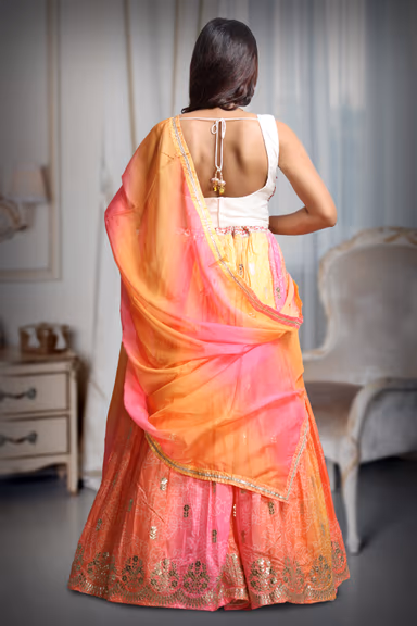 Multicoloured Pink and Yellow Vibrant Ombre  Dyed Lehenga Skirt And Dupatta With Heavy Mirrir work Detailed… — view 5 of 5