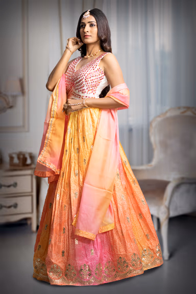 Multicoloured Pink and Yellow Vibrant Ombre  Dyed Lehenga Skirt And Dupatta With Heavy Mirrir work Detailed… — view 3 of 5