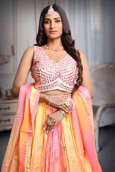 Multicoloured Pink and Yellow Vibrant Ombre  Dyed Lehenga Skirt And Dupatta With Heavy Mirrir work Detailed… — view 1 of 5