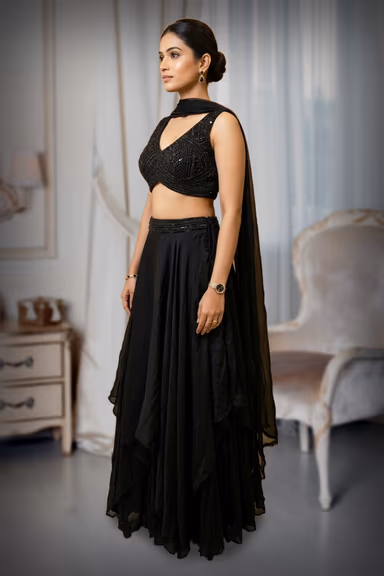 Black Georgette Cocktail Lehenga with Heavy Blouse Work and Choker Dupatta — view 3 of 3
