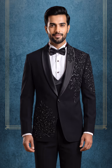 Black Handworked Party Tuxedo With Black Handworked Details On Left Side — view 2 of 3