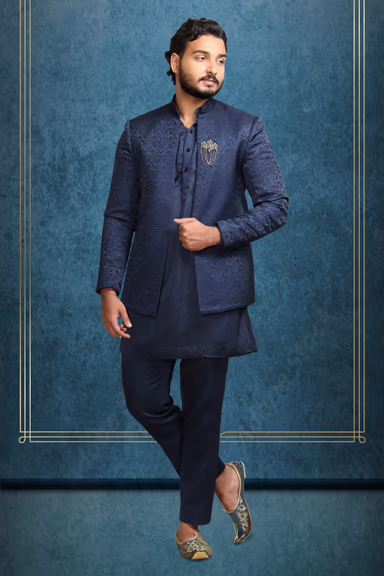 Blue Jaquard Fabric Heavy Jodhpuri With Matte Black Inner Kurtha And Matching Pants — view 1 of 3