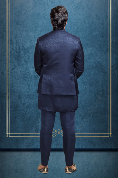 Blue Jaquard Fabric Heavy Jodhpuri With Matte Black Inner Kurtha And Matching Pants — view 3 of 3